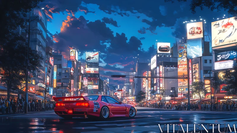 Red sports car stops at illuminated urban intersection at dusk