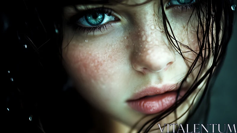 Close-up study of wet female face with blue eyes detail.
