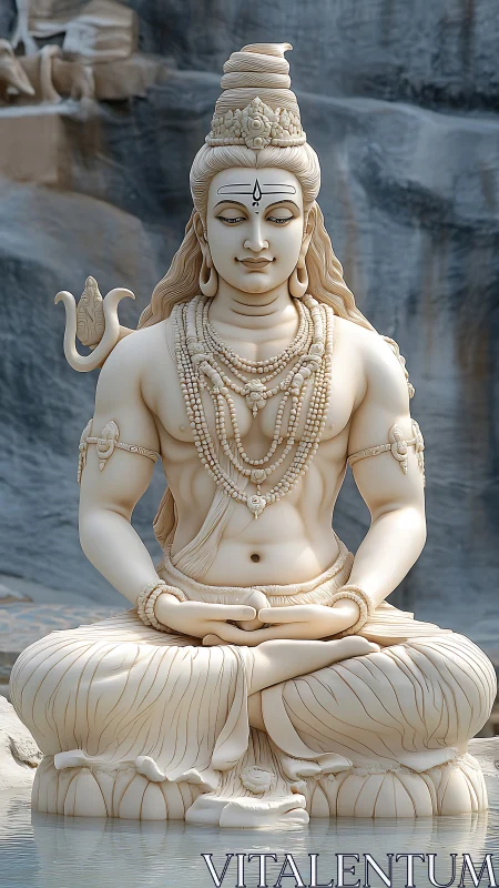 Serene ivory deity sculpture in lotus pose by reflective pool.