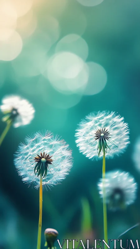 Dandelion seed heads in shallow focus with teal bokeh glow.