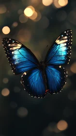 Deep blue butterfly quietly floats in soft golden evening light