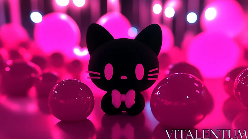 Black cat figurine amid pink glossy spheres at night.