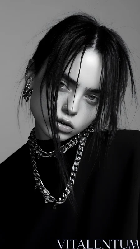Monochrome portrait with chain jewelry and diffuse lighting.