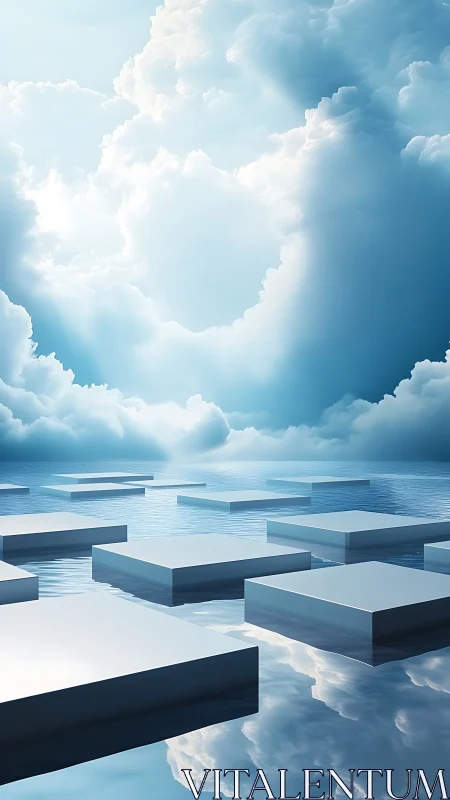 Cloudside mirror platforms drifting over a quiet horizon.