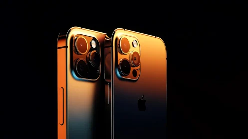 Luminous twin iPhones crowned in molten copper glow.