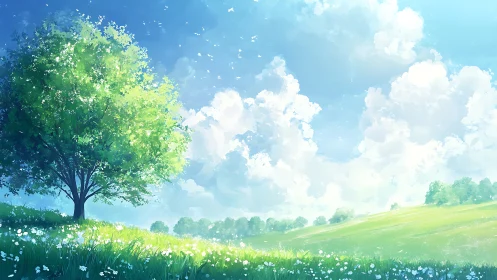 Sunlit lone tree dreaming under a vast cotton sky.