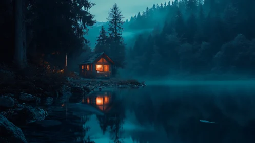 Cabin glows beside misty forest lake under deep blue dusk