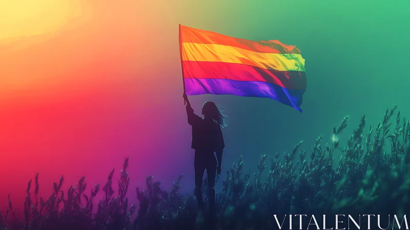 Silhouetted figure elevates rainbow flag in prismatic sky gradient