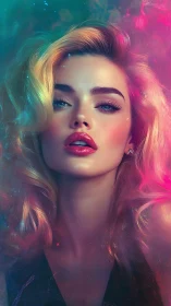 Neon-lit portrait of glamorous woman in cosmic hues.