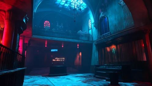 Abandoned neon-lit nave with volumetric fog and colored bounce light