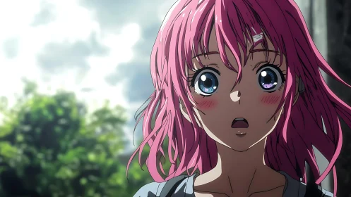 Shocked pink haired anime girl with bandage outdoors