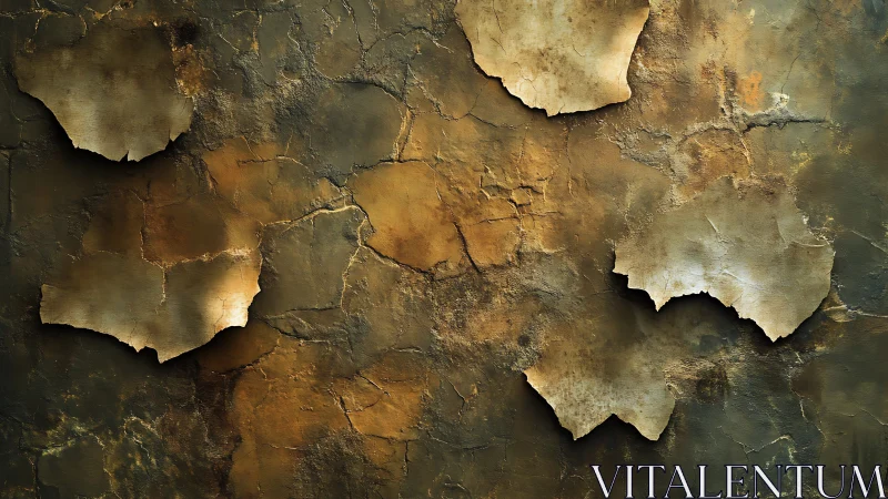 Peeling plaster sections reveal cracked, oxidized wall surface