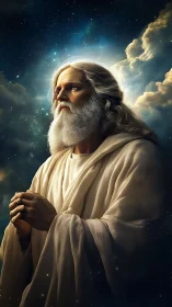 Ethereal robed elder gazes heavenward amid cosmic clouds