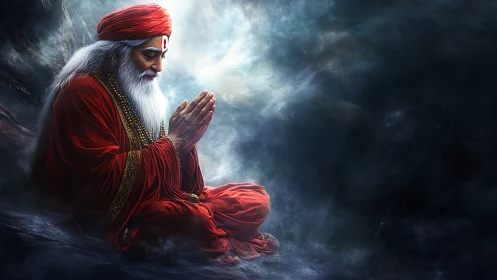 Crimson mystic in clouded silence, praying between worlds.