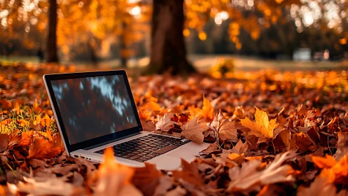 Laptop rests in vivid autumn leaves under golden park light.