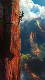 Climber embracing a sheer sunlit cliff above vast canyon.