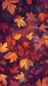 Autumn leaves lie scattered over dark ground in warm tones