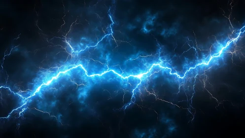Electric blue lightning bolt across dark storm sky.