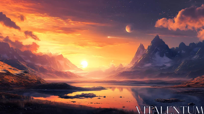 Twin-moon alpine sunset over reflective glacial valley lake.