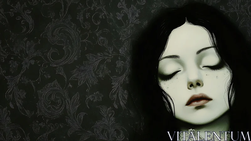 Pale gothic woman rests against dark ornate damask backdrop