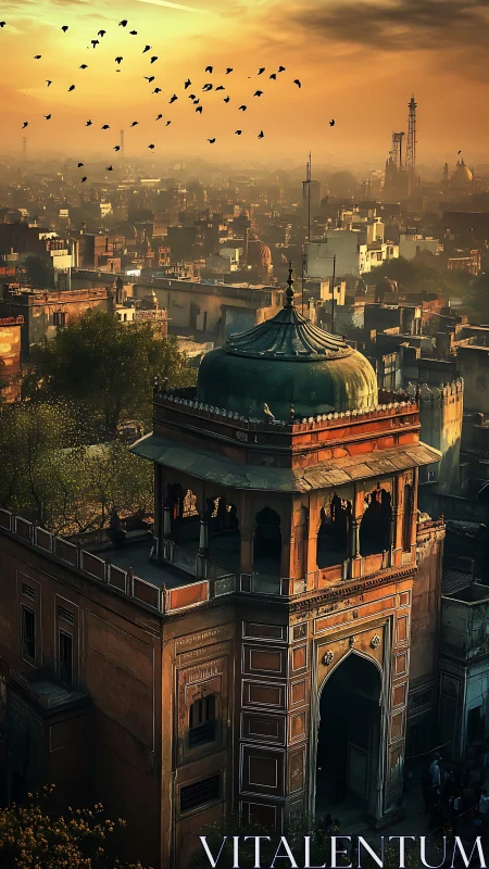 Golden dusk over an old city tower and quiet rooftops.