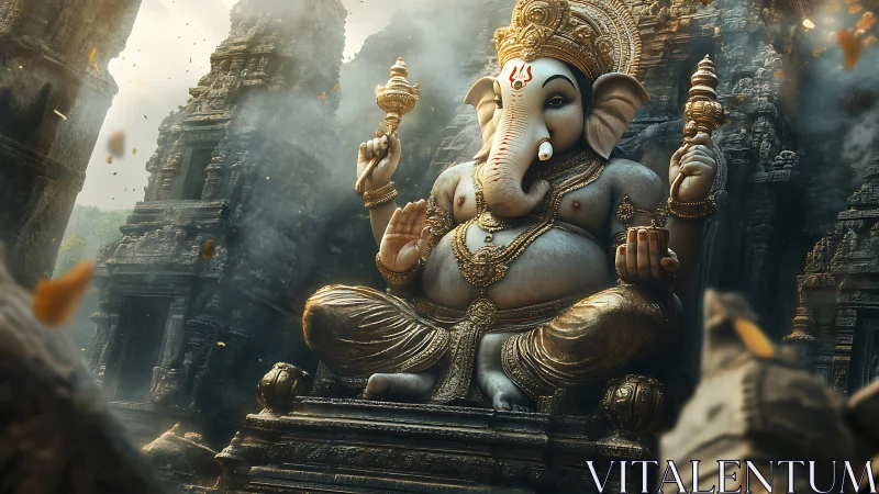 Gentle Ganesha statue rests in golden light amid ancient stone