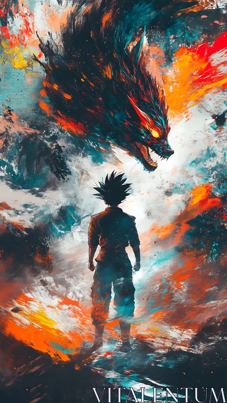 Lone anime warrior confronts blazing elemental beast spirit.