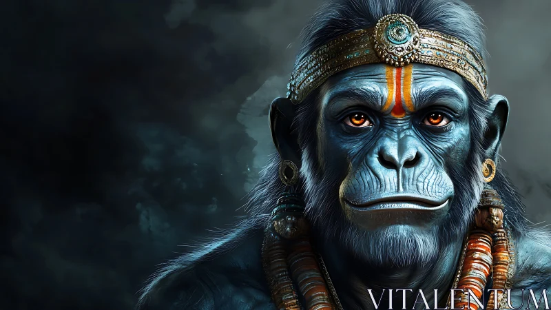 Mythic blue simian warrior in ornate golden regalia.