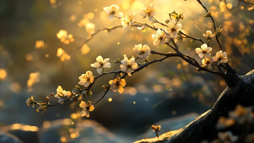 Golden light bathes blooming cherry blossoms at sunrise.