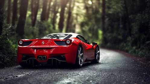 Crimson supercar poised on misty forest backroad at dusk.
