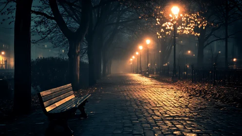 Nocturnal cobblestone promenade under misted sodium lamps.