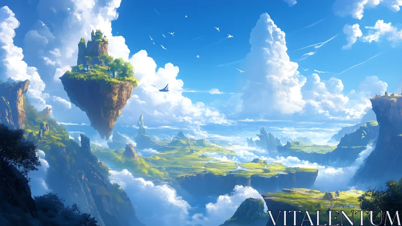 Floating Castle in Sky Islands Fantasy Landscape.