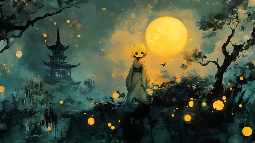 Spirit child under lantern moon in misty fantasy grove.