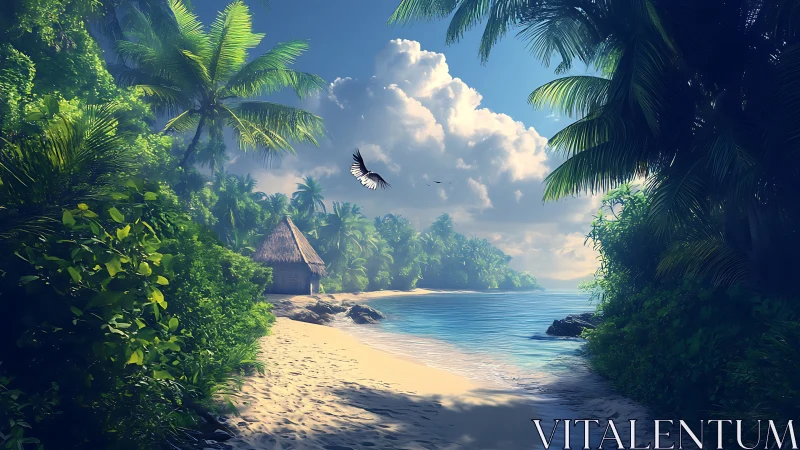 Tropical Island Lagoon With Palm Framed Shoreline