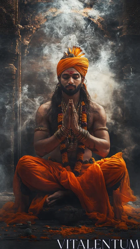 Ritual ascetic in orange robes amid volumetric temple smoke.