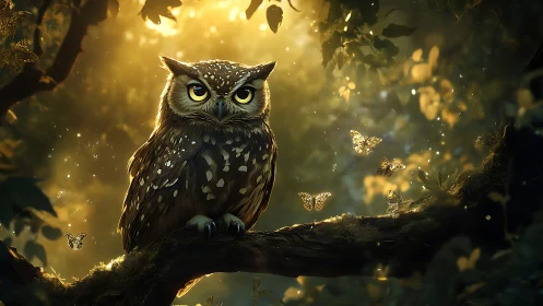 Majestic Owl on Forest Branch with Magical Light and Butterflies.