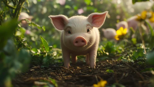 Photoreal piglet portrait in shallow depth of field garden