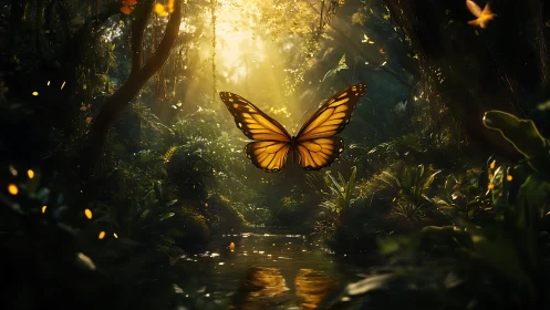 Golden butterfly drifting through a sunlit jungle dream.