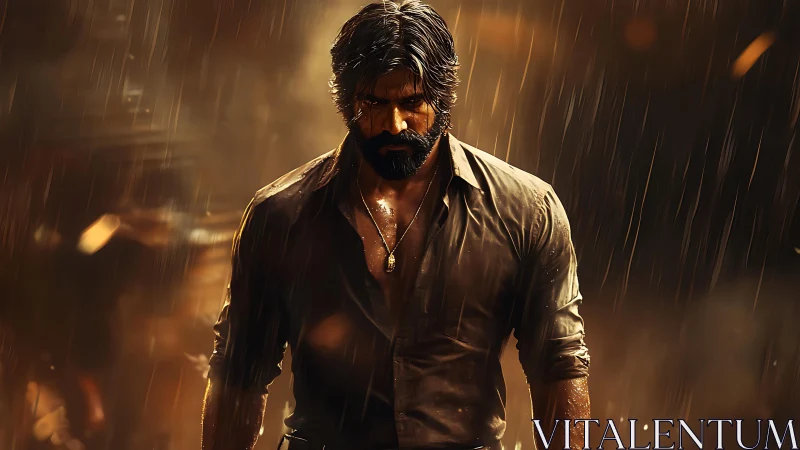 Brooding warrior stands in cinematic rain-soaked inferno.