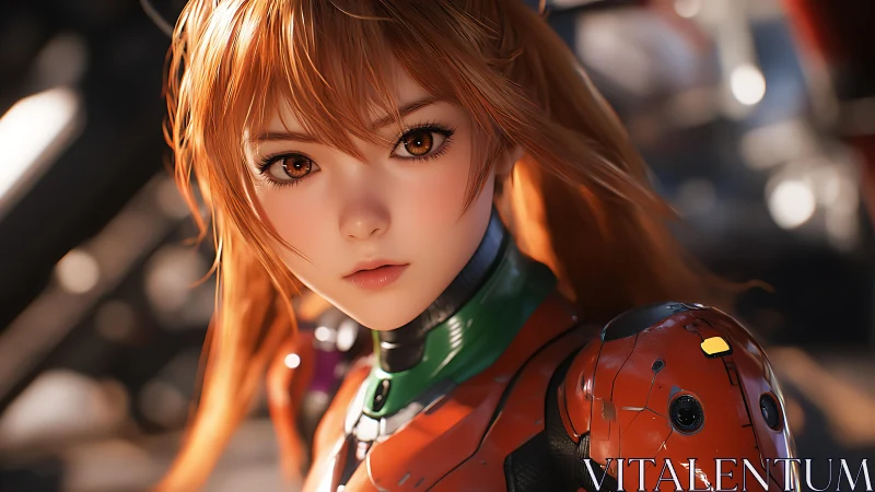 Orange-haired pilot in glossy mecha suit stares forward