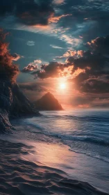 Dramatic rocky coastline at sunset with glowing clouds.