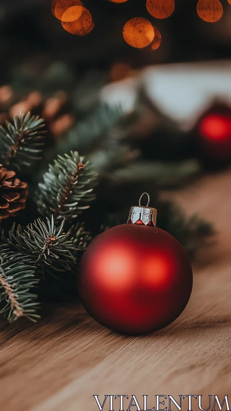 Cozy red ornament resting beside softly lit winter greens.