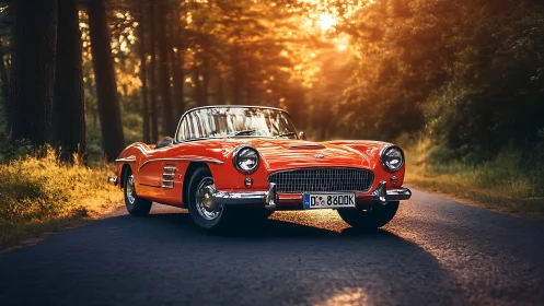 Sunlit red classic convertible invites an easy forest escape