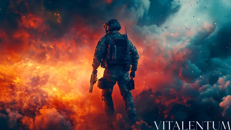 Armed soldier silhouette in front of large fire and smoke field.