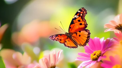 Orange butterfly in midair above pink and pastel flowers.