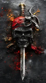 Pirate skull emblem with sword, red bandana, and flames.