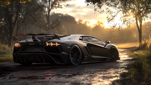 Sunlit supercar resting on a quiet, misty country lane.