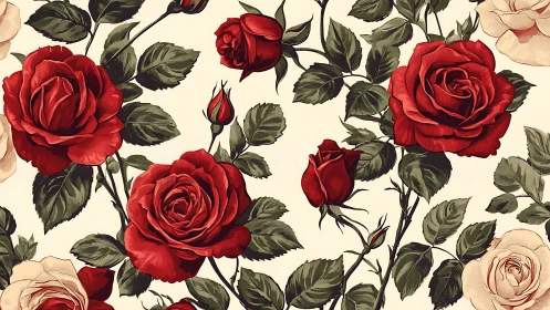 Botanical Red Rose Pattern with Vintage Flourish