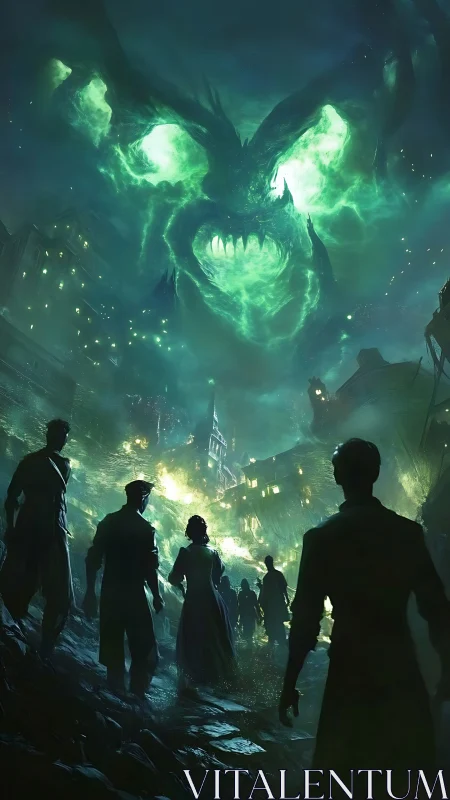 Haunting green sky beast looms above a shaken city crowd