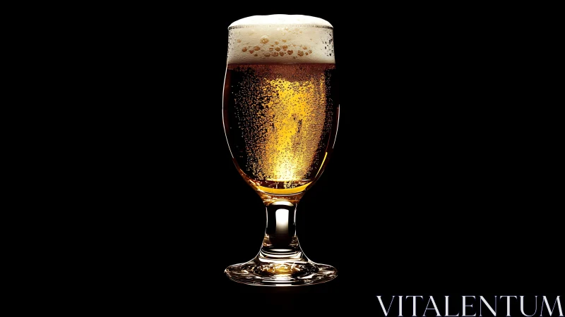 Tall pilsner glass containing carbonated beer stands centered